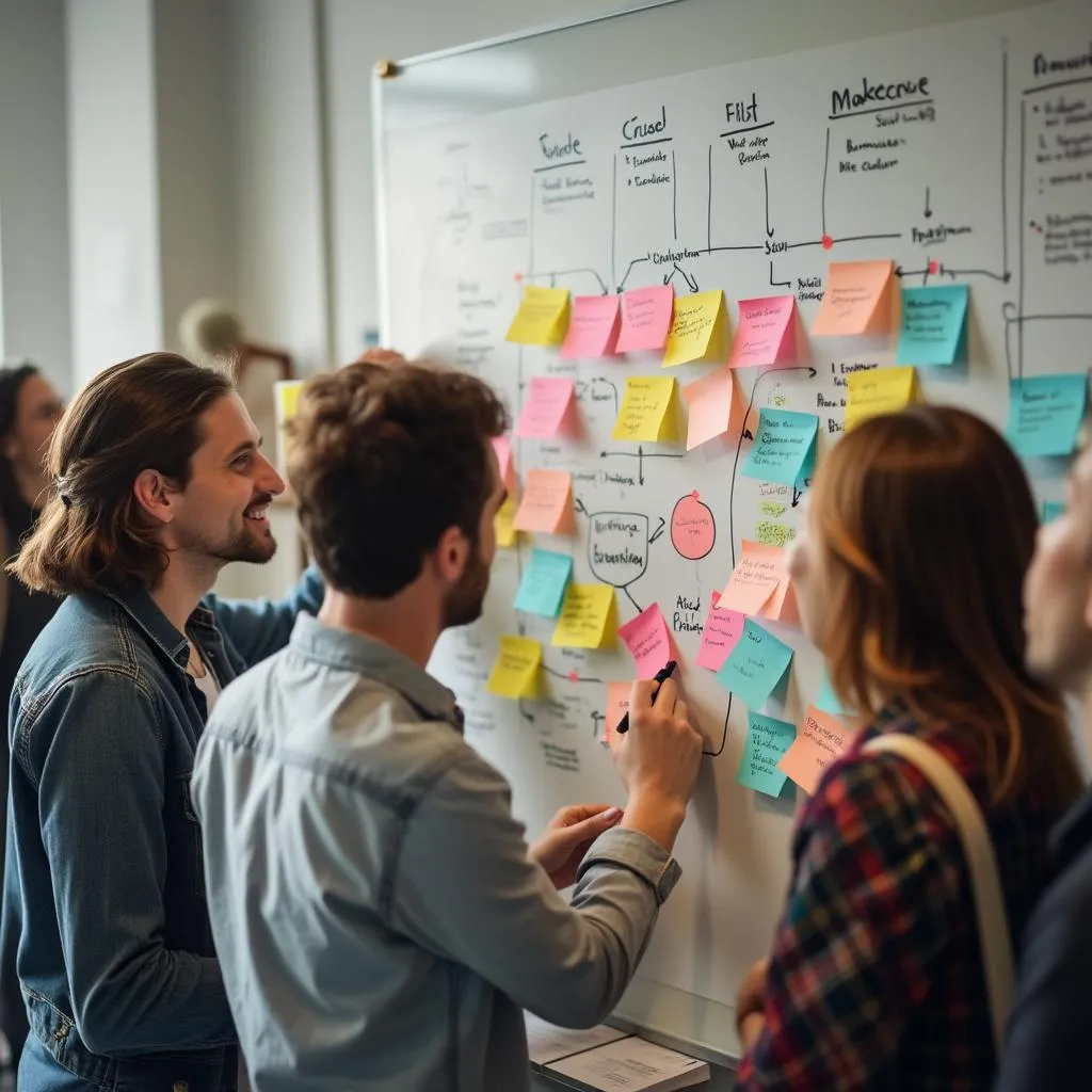 Equipo discutiendo ideas innovadoras con post-its